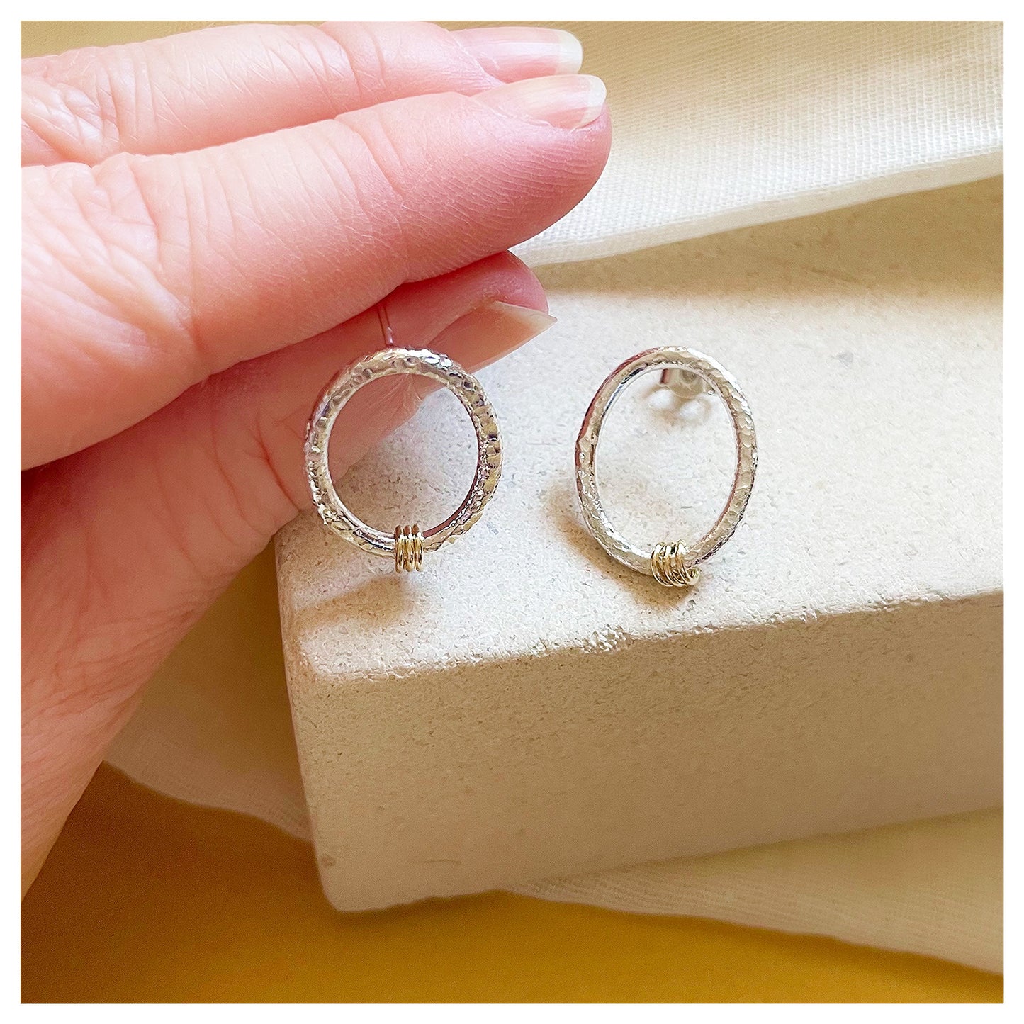 Sterling Silver and 9ct Yellow Gold Ring Organic Oval Stud Earrings