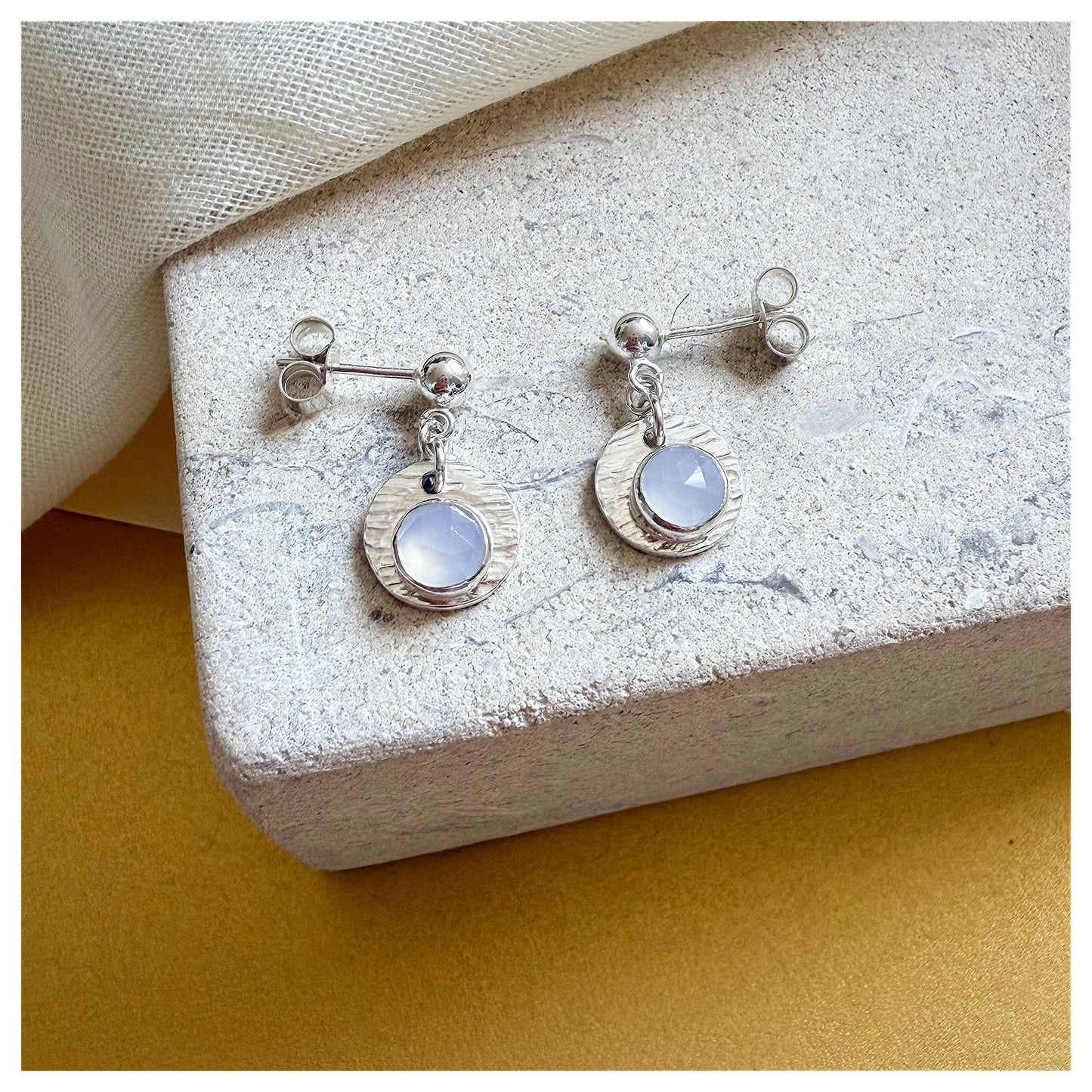 Sterling Silver Textured Chalcedony Gemstone Drop Earrings.