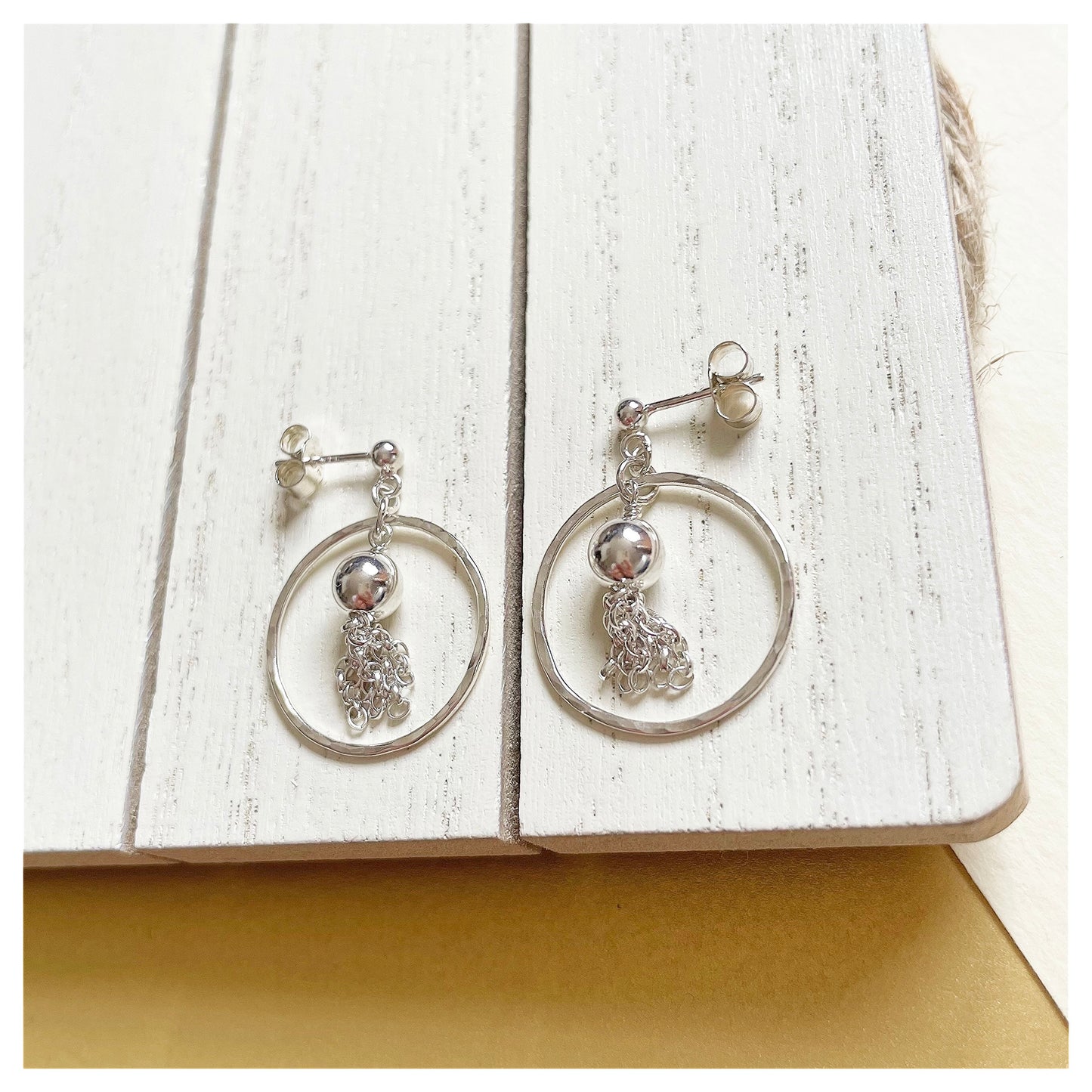 Sterling Silver Hammered Circle and Tassel Drop Stud earrings.