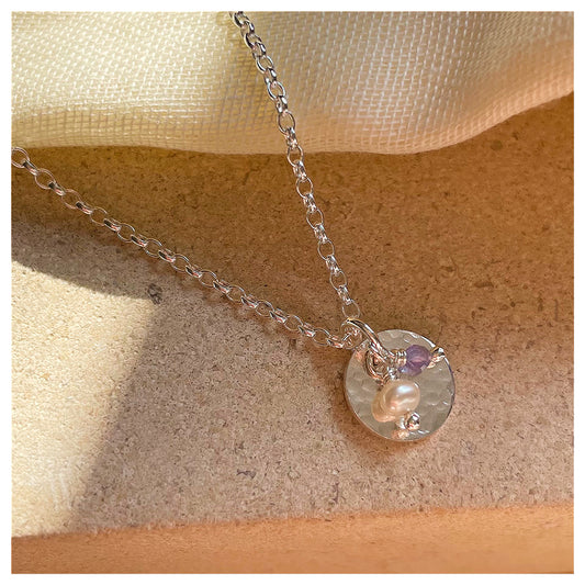 Mini Sterling Silver Disc Pendant With Freshwater Pearl and Tanzanite Bead Necklace