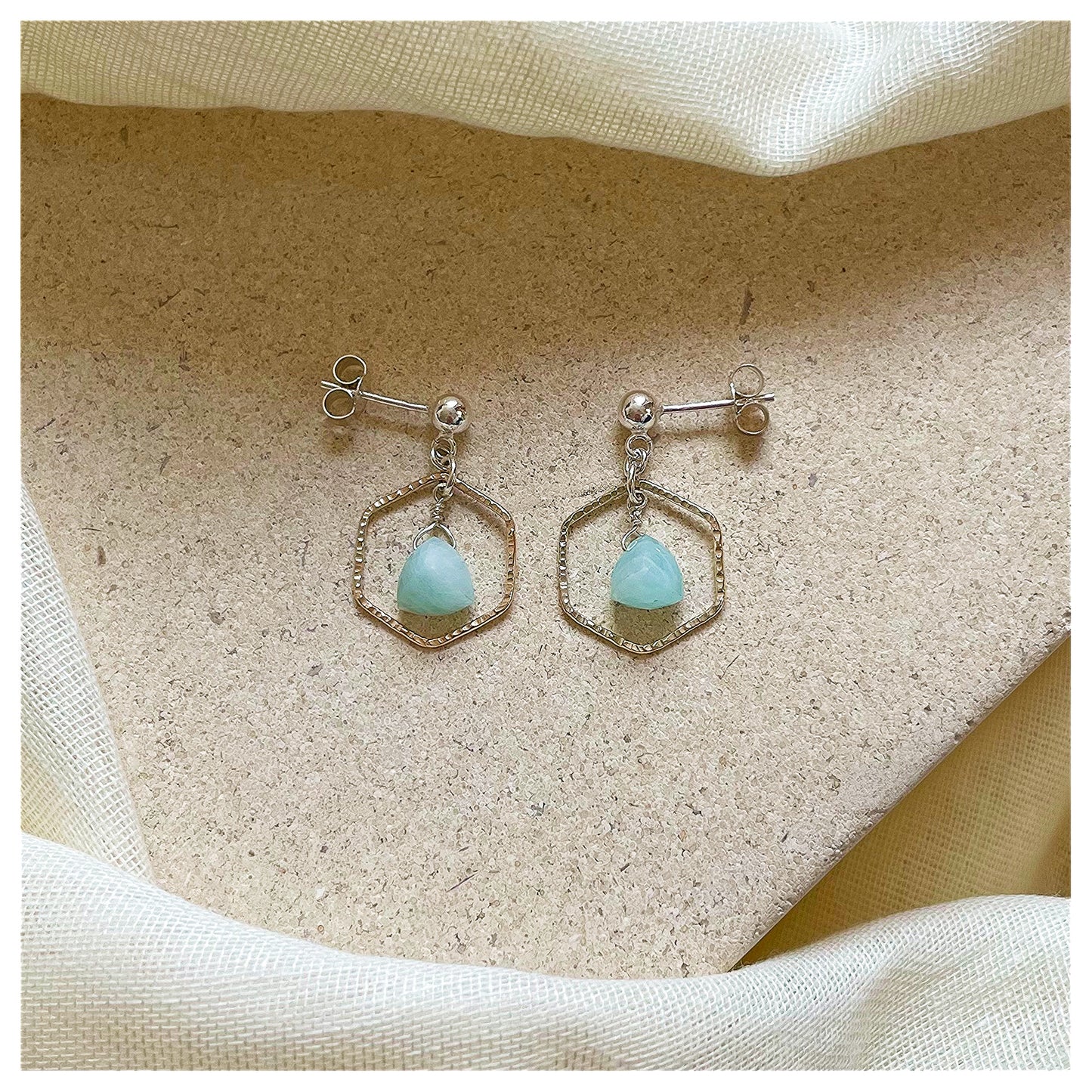 Mini 9ct Yellow Gold Hammered Hexagon, Sterling Silver and Green Amazonite Drop earrings