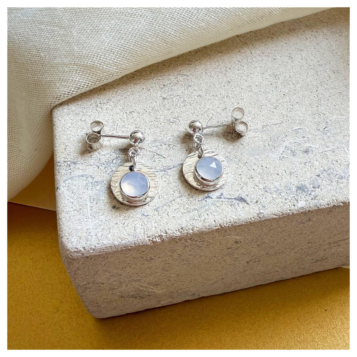 Sterling Silver Textured Chalcedony Gemstone Drop Earrings.
