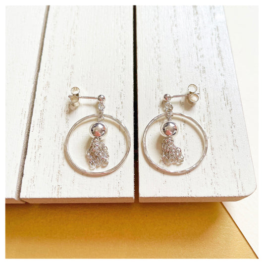 Sterling Silver Hammered Circle and Tassel Drop Stud earrings.