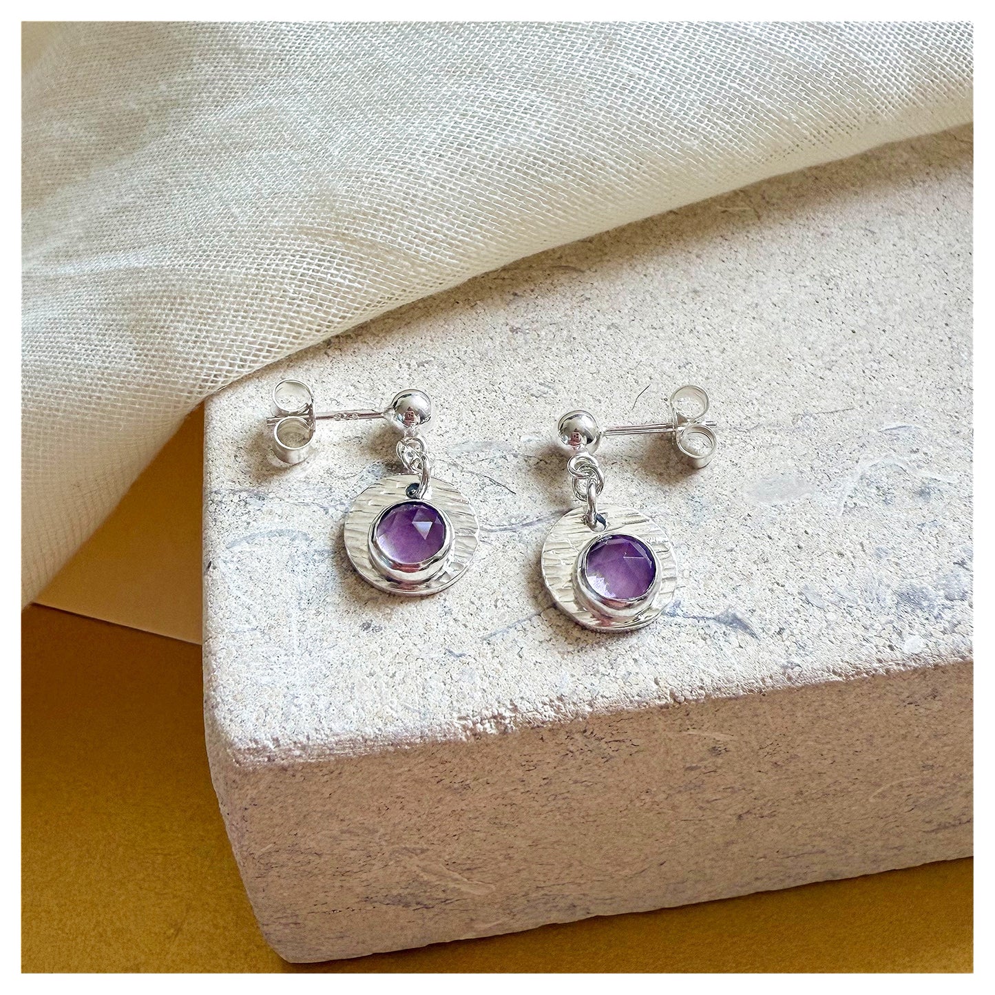 Sterling Silver Textured Amethyst Gemstone Drop Earrings.