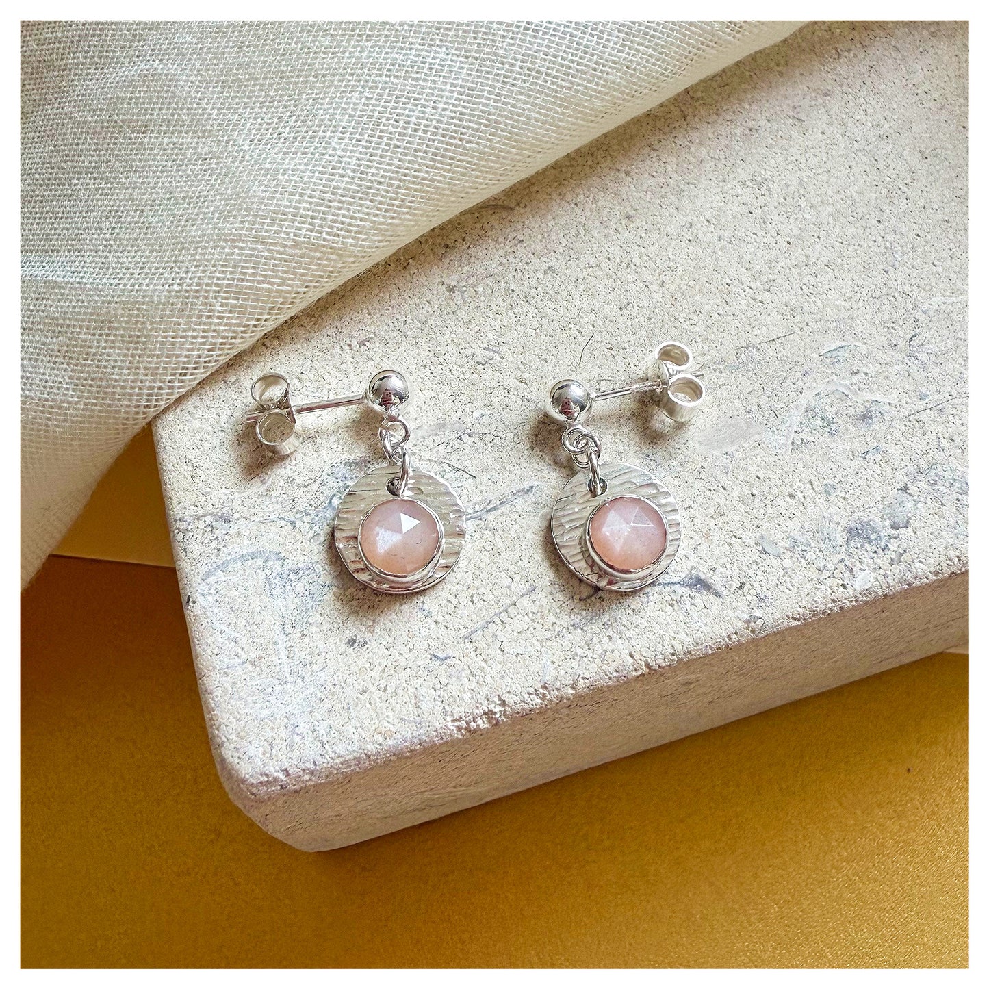 Sterling Silver Textured Peach Moonstone Gemstone Drop Earrings.