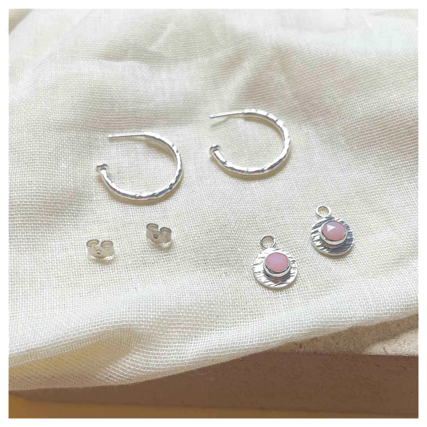 Sterling Silver Chunky Textured Pink Opal Gemstone Drop Hoop Earrings