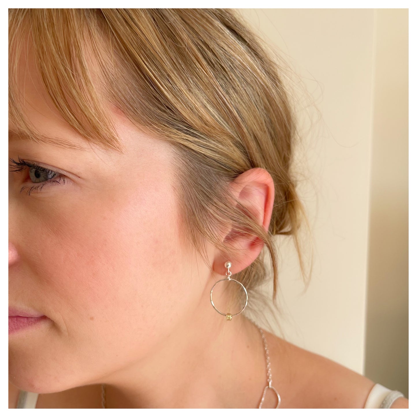 Sterling Silver and 9ct Yellow Gold Detail Hammered Circle Drop Stud Earrings.