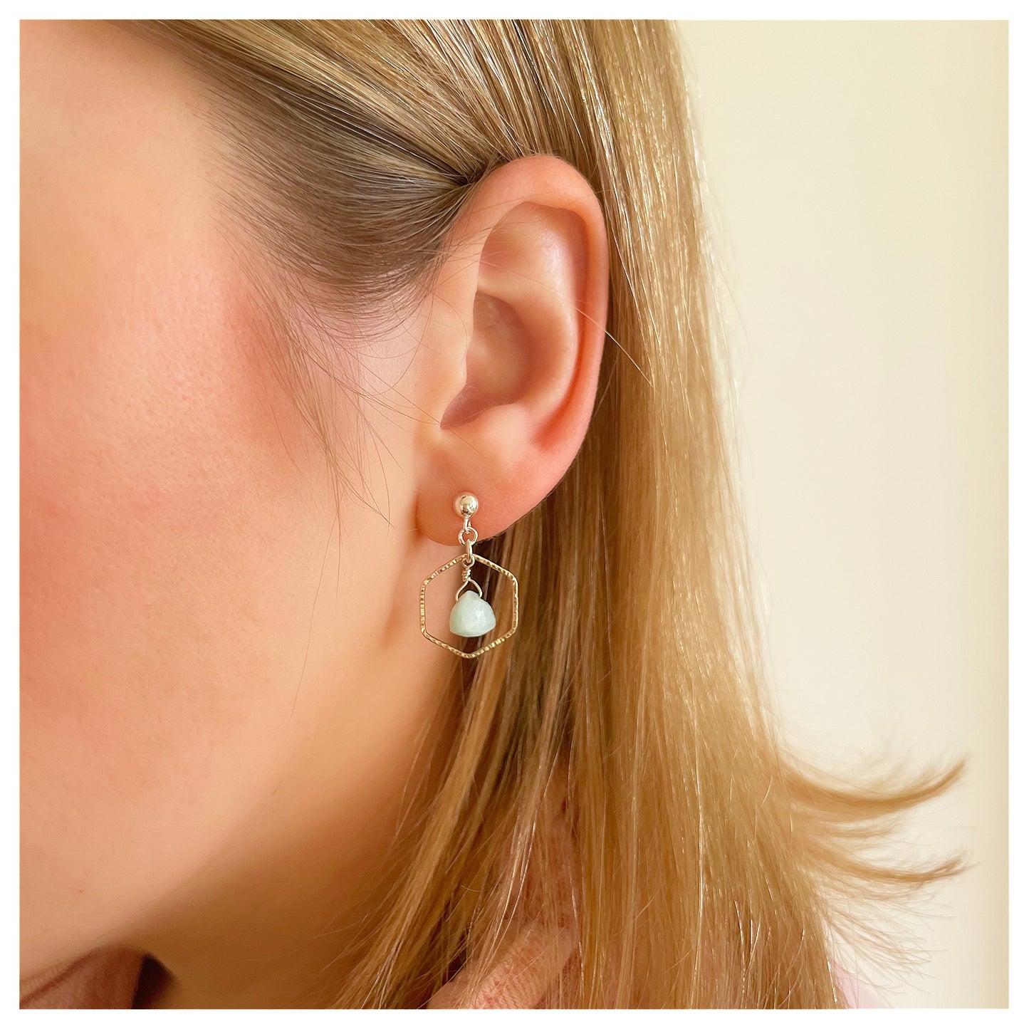 Mini 9ct Yellow Gold Hammered Hexagon, Sterling Silver and Green Amazonite Drop earrings
