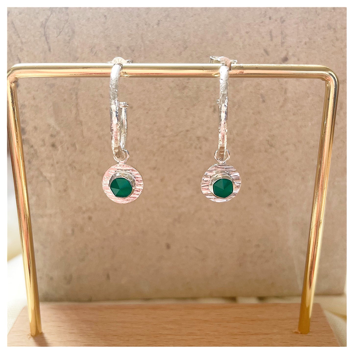 Sterling Silver Chunky Textured Green Onyx Gemstone Drop Hoop Earrings