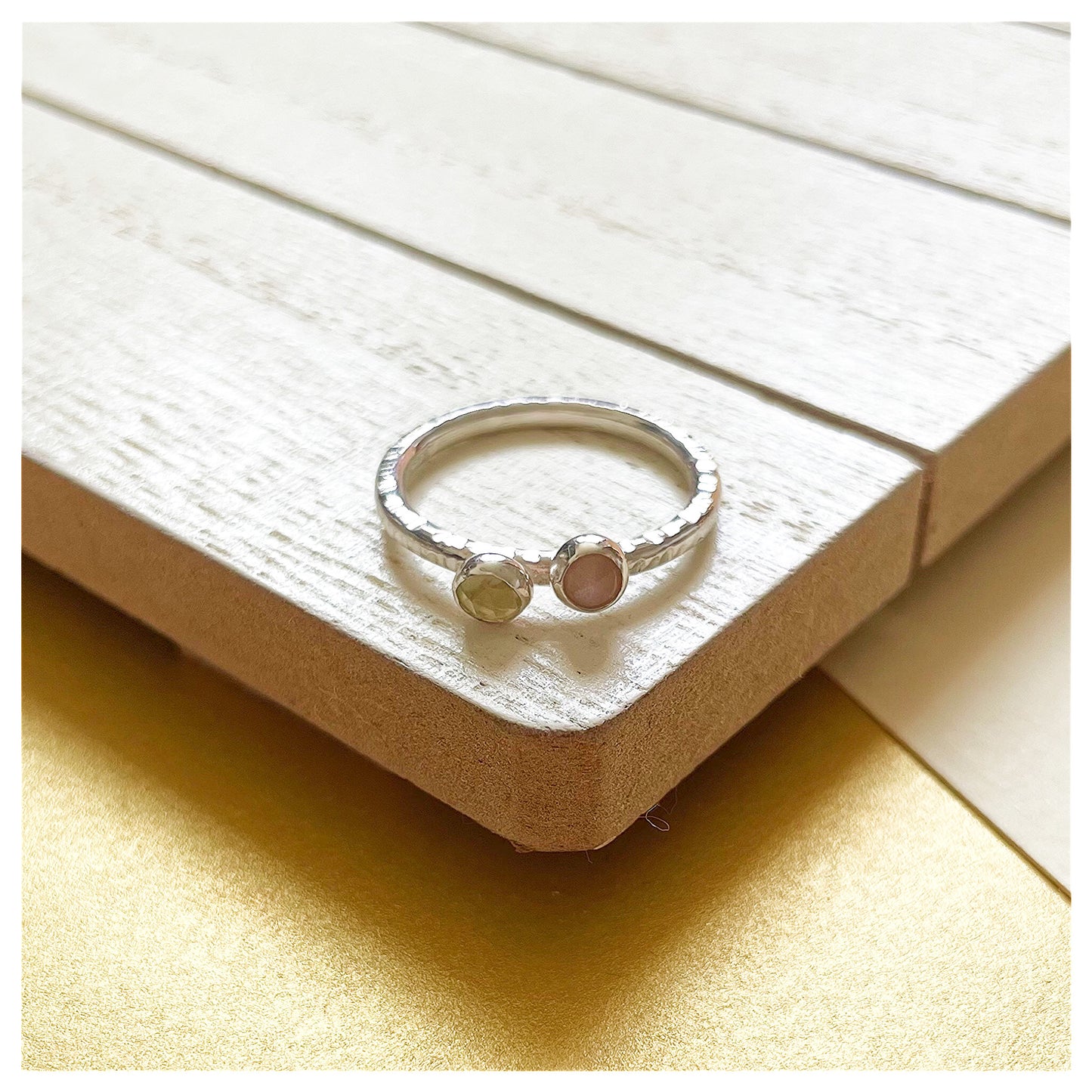 Sterling Silver Peach Moonstone and Lemon Quartz Hammered Band Ring.