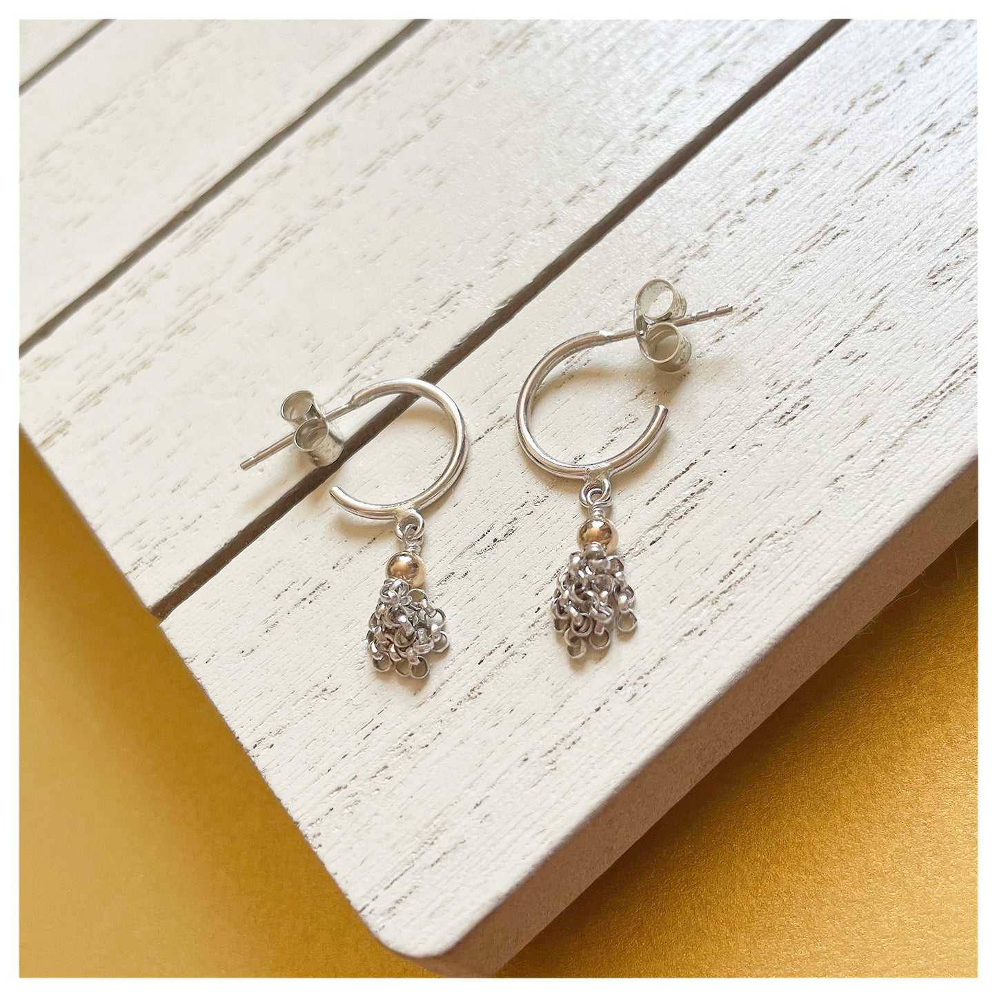 Sterling Silver, 9ct Yellow Gold Mini Tassel Half Hoop Earrings.