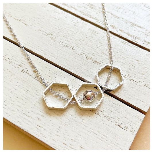 Sterling Silver Triple Hexagon Necklace with Bead.