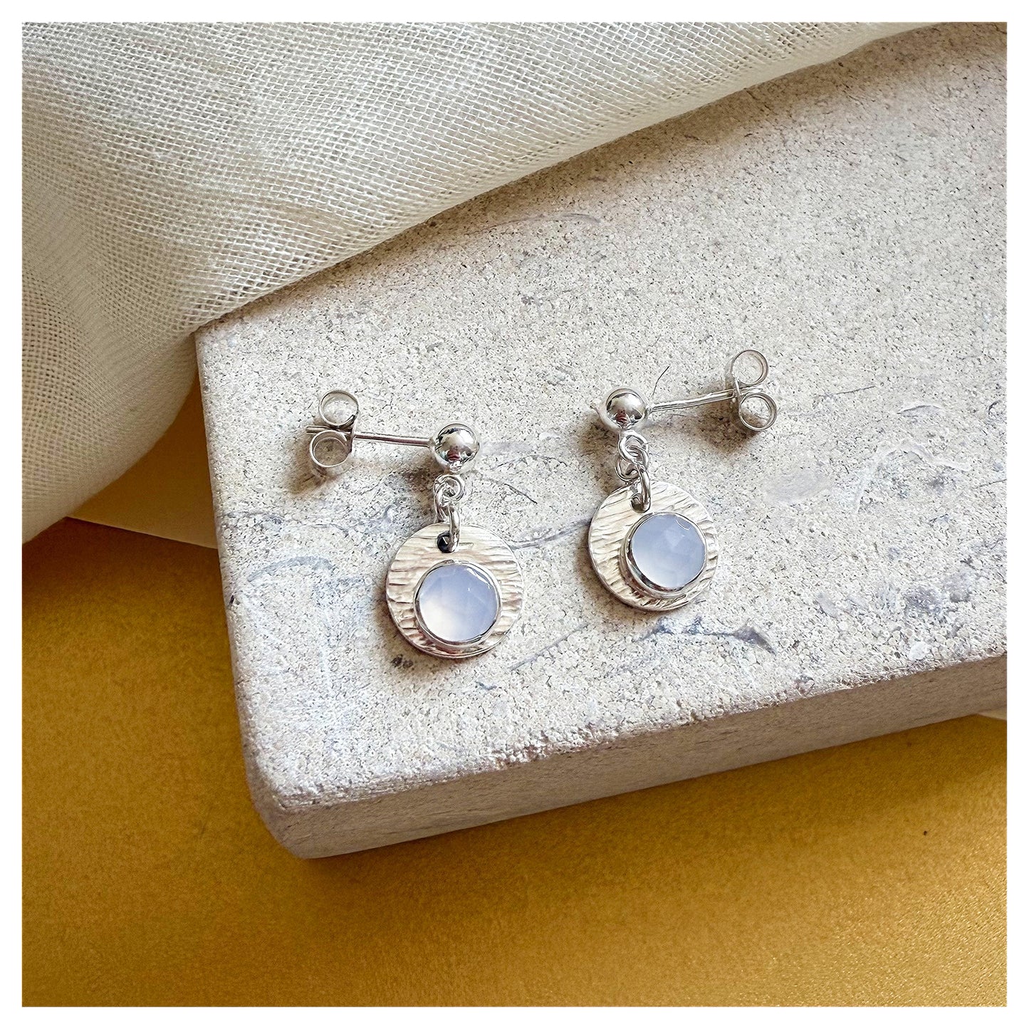 Sterling Silver Textured Chalcedony Gemstone Drop Earrings.