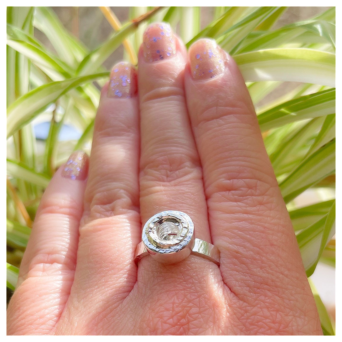 Sterling Silver Hammered Donut Ring With a Hammered 9ct yellow Gold Halo