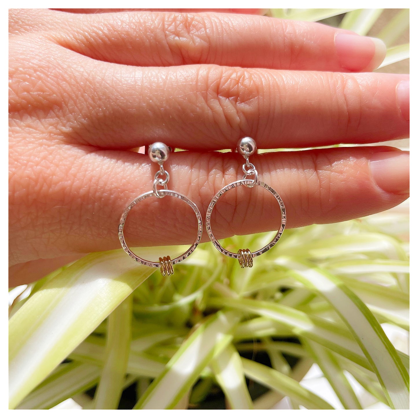 Mini Sterling Silver and 9ct Yellow Gold Detail Hammered Circle Drop Stud Earrings.