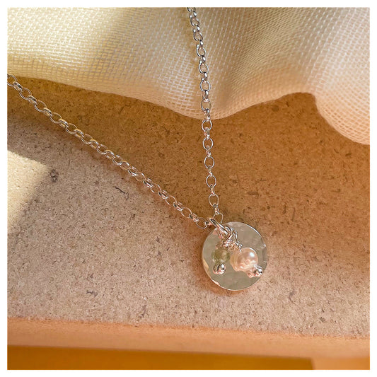 Mini Sterling Silver Disc Pendant With Freshwater Pearl and Peridot Bead Necklace