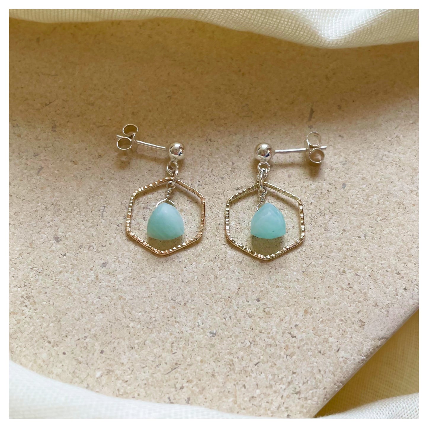 Mini 9ct Yellow Gold Hammered Hexagon, Sterling Silver and Green Amazonite Drop earrings