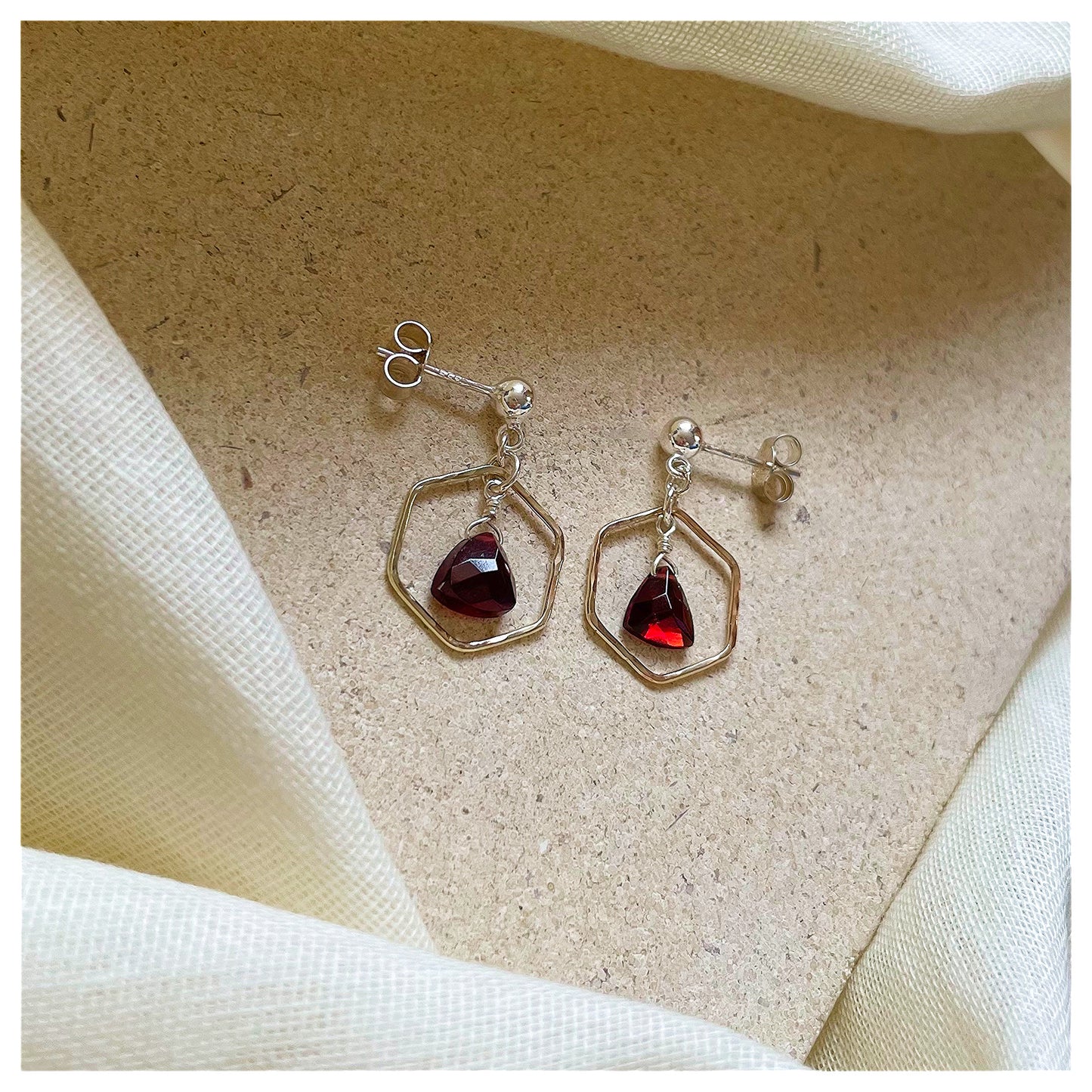 Mini 9ct Yellow Gold Hammered Hexagon, Sterling Silver and Garnet Drop earrings