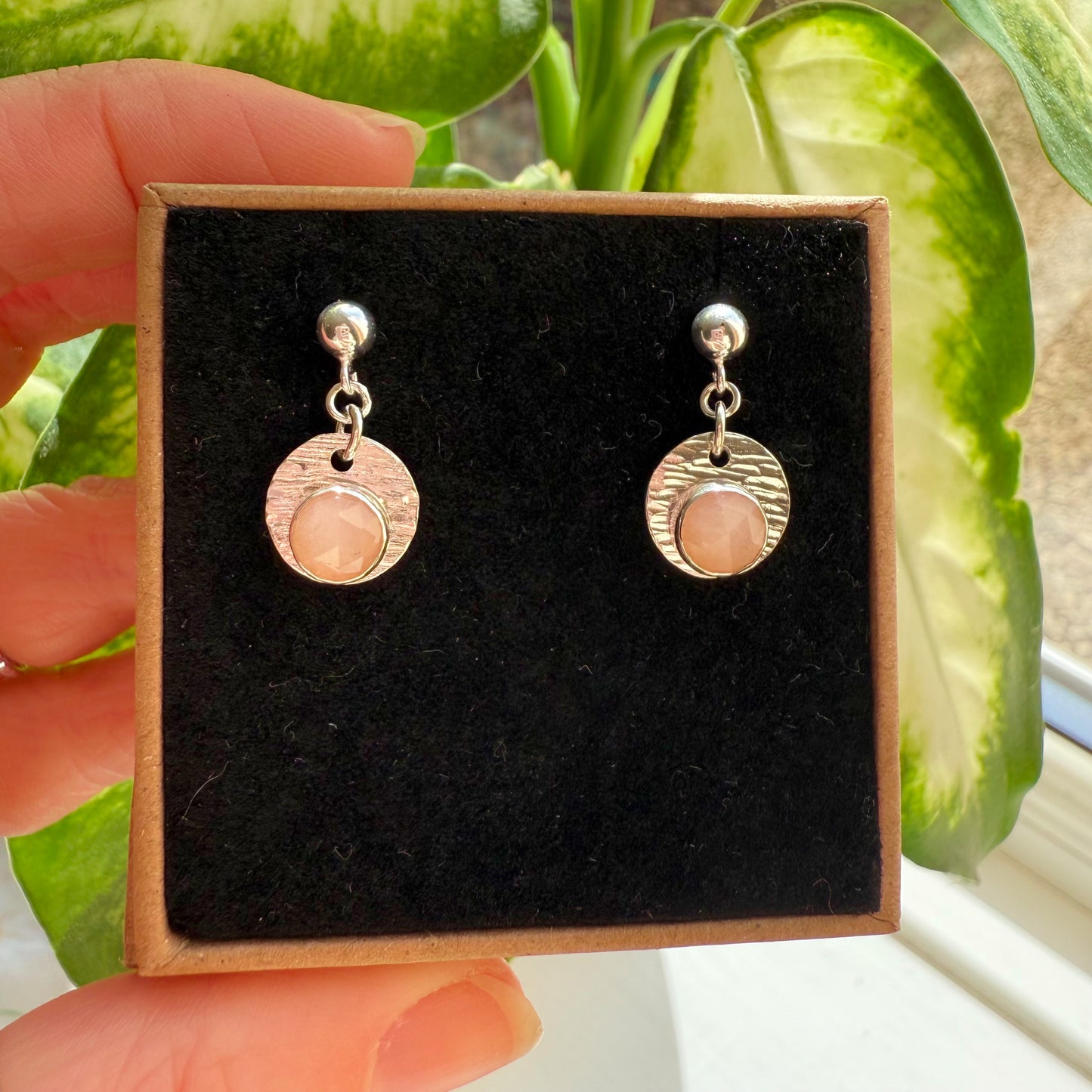 Sterling Silver Textured Peach Moonstone Gemstone Drop Earrings.