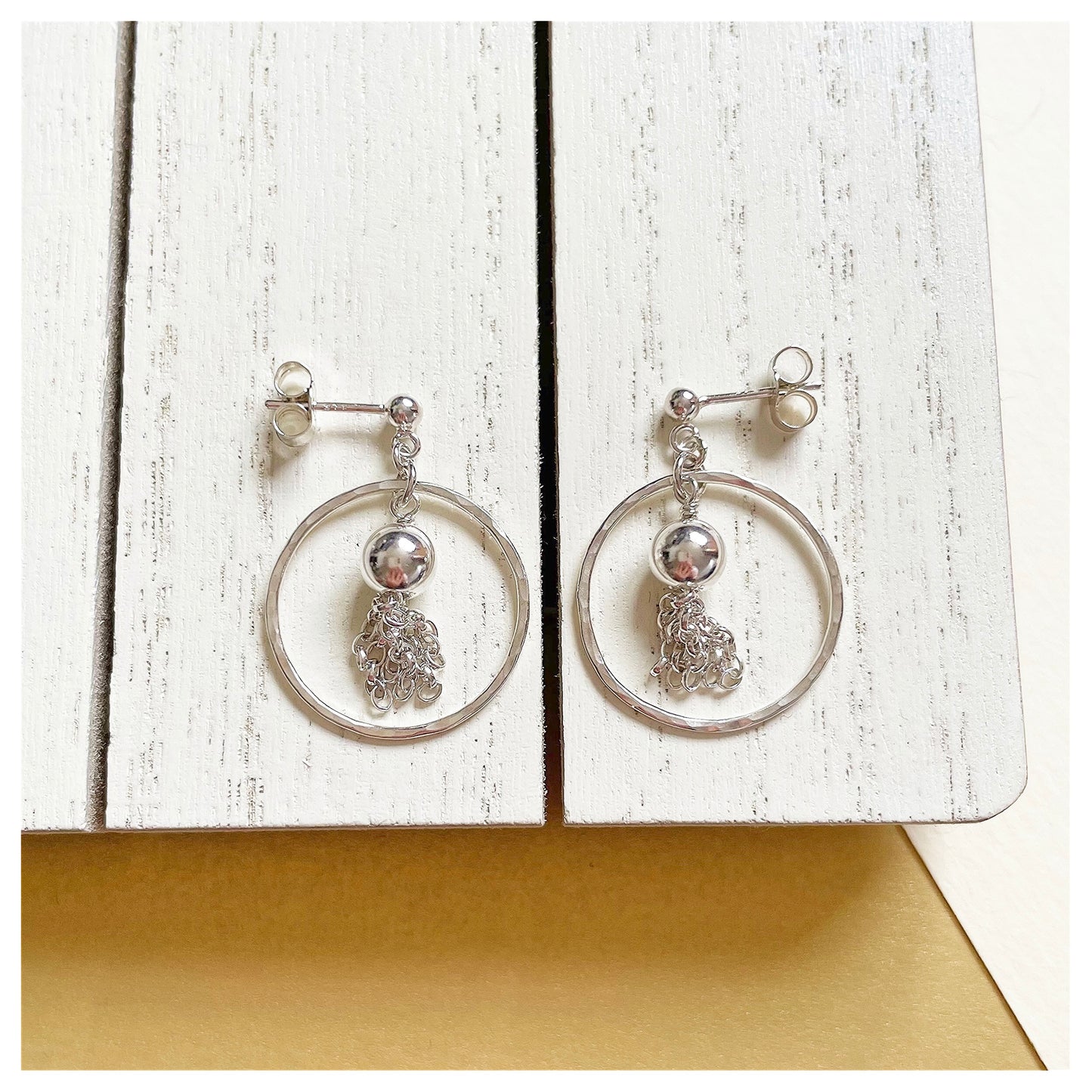 Sterling Silver Hammered Circle and Tassel Drop Stud earrings.