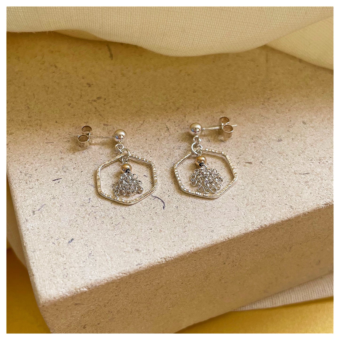 Mini Sterling Silver and 9ct Yellow Gold Hammered Hexagon and Tassel Drop Stud Earrings.