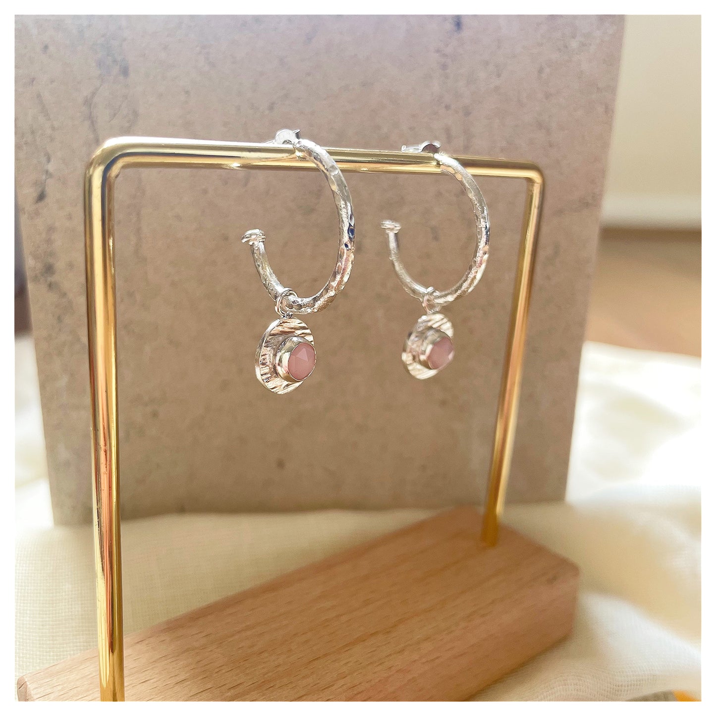 Sterling Silver Chunky Textured Pink Opal Gemstone Drop Hoop Earrings