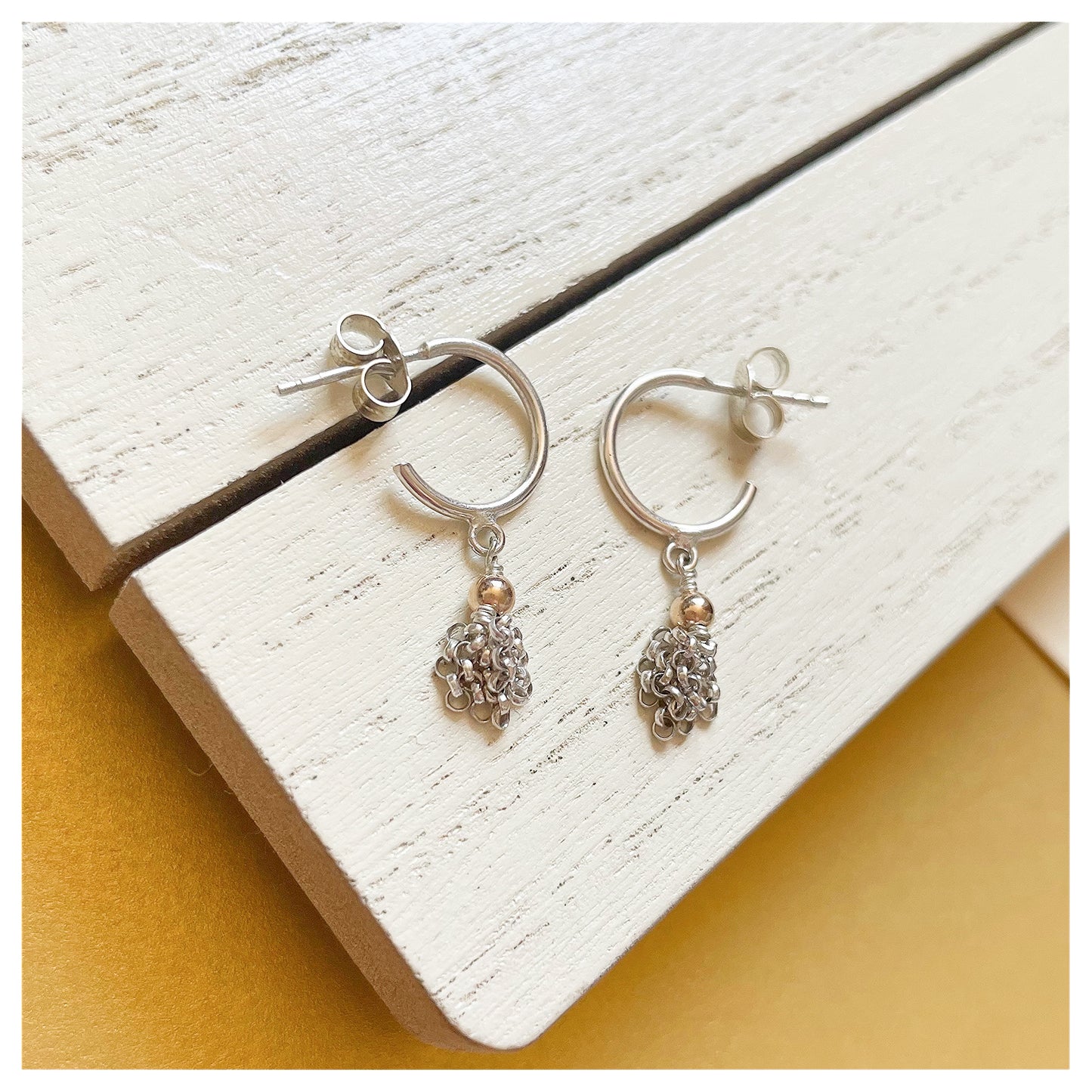 Sterling Silver, 9ct Yellow Gold Mini Tassel Half Hoop Earrings.