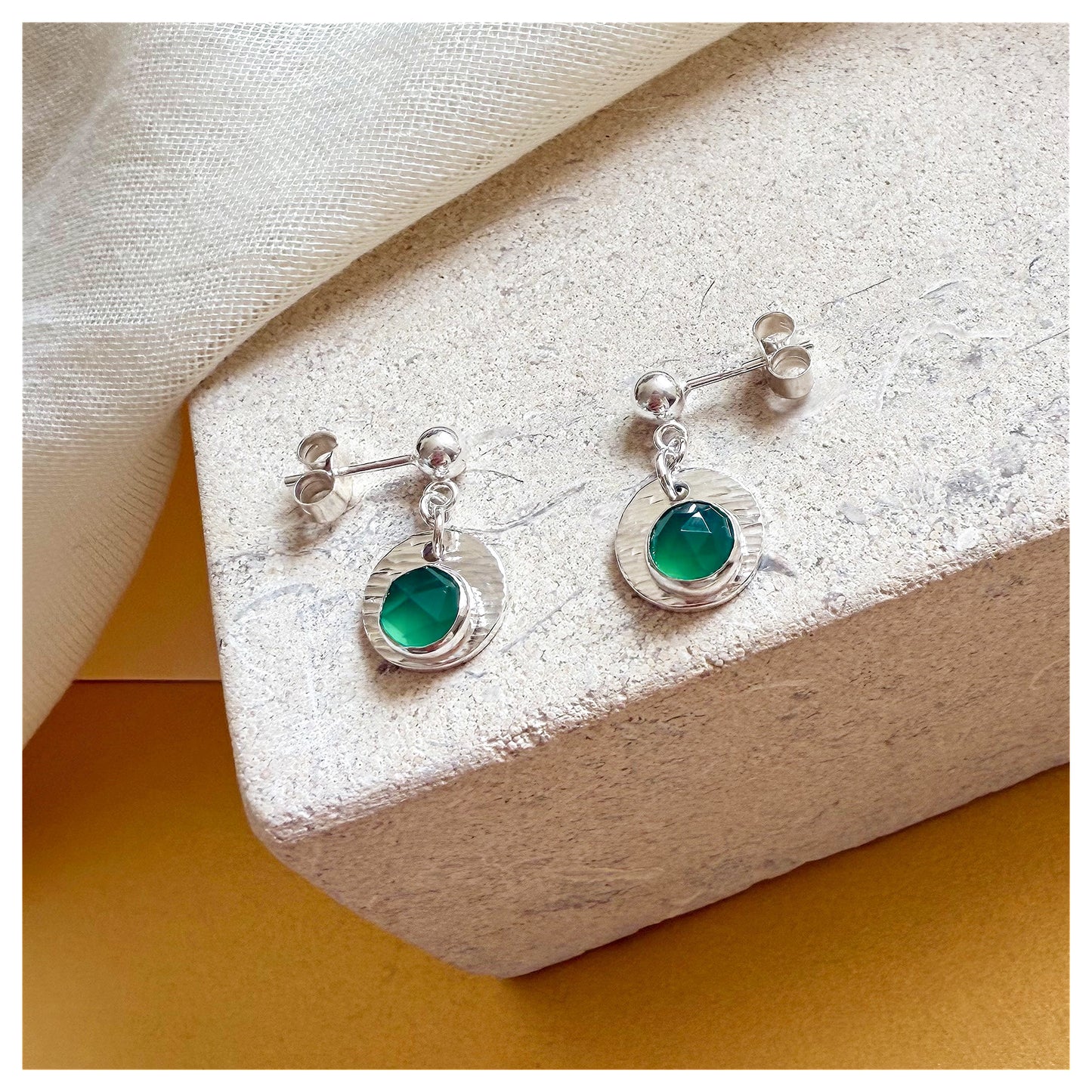 Sterling Silver Textured Green Onyx Gemstone Drop Earrings.