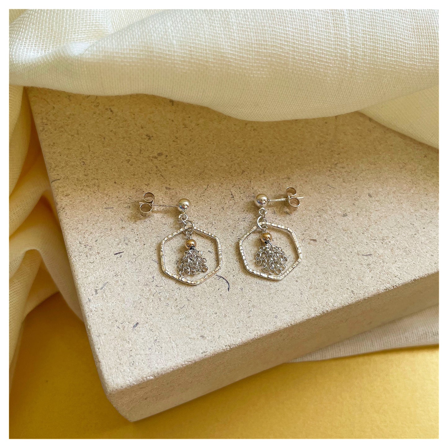 Mini Sterling Silver and 9ct Yellow Gold Hammered Hexagon and Tassel Drop Stud Earrings.
