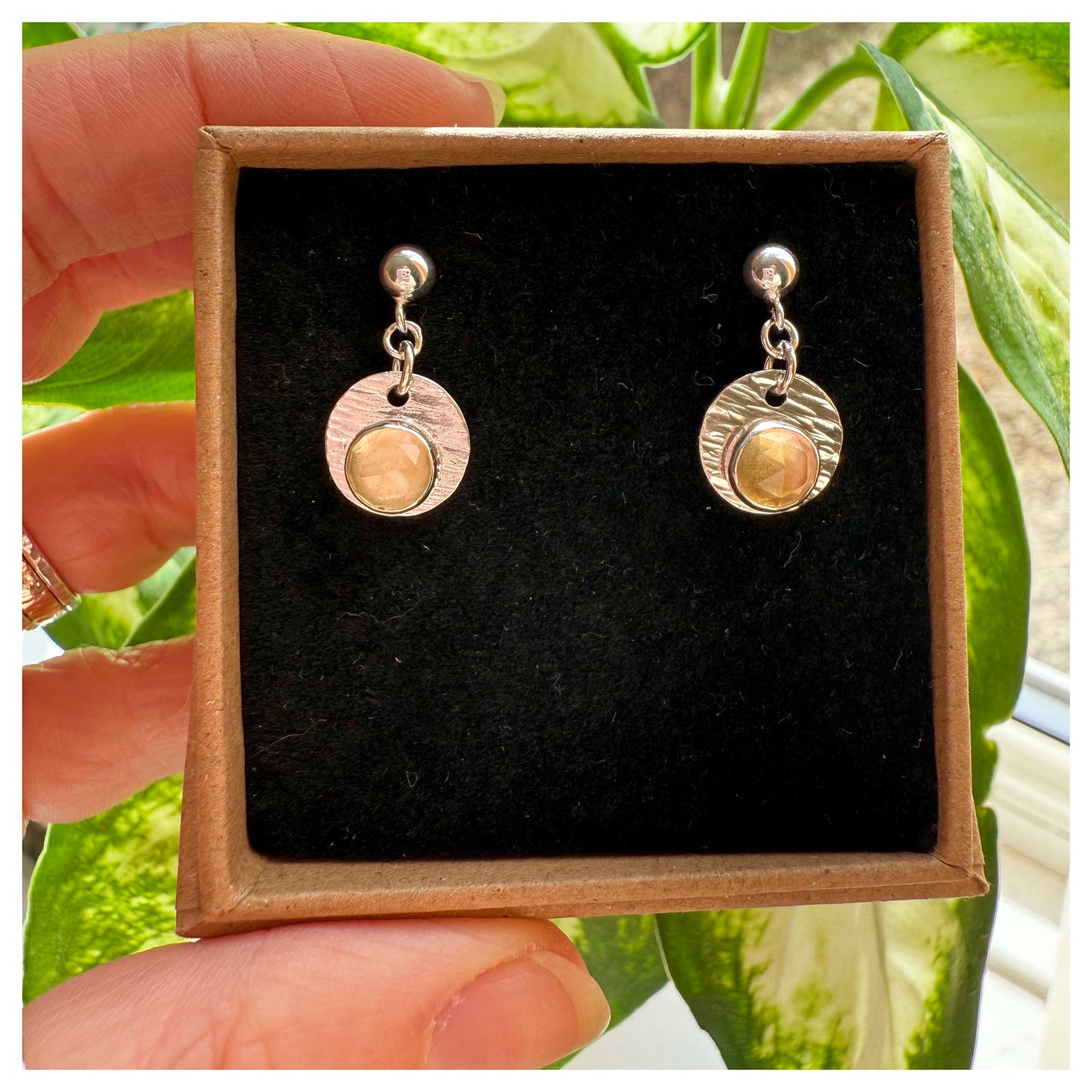 Sterling Silver Textured Citrine Gemstone Drop Earrings.