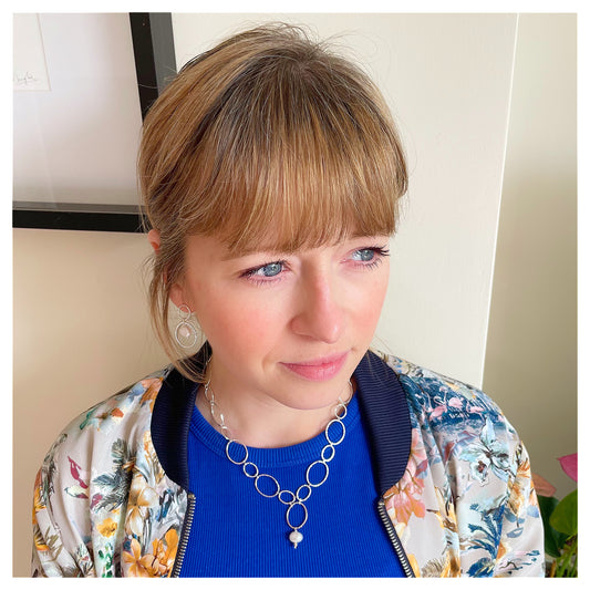 9ct Yellow Gold, Sterling Silver and Freshwater Pearl Oval Link Handmade Chain.