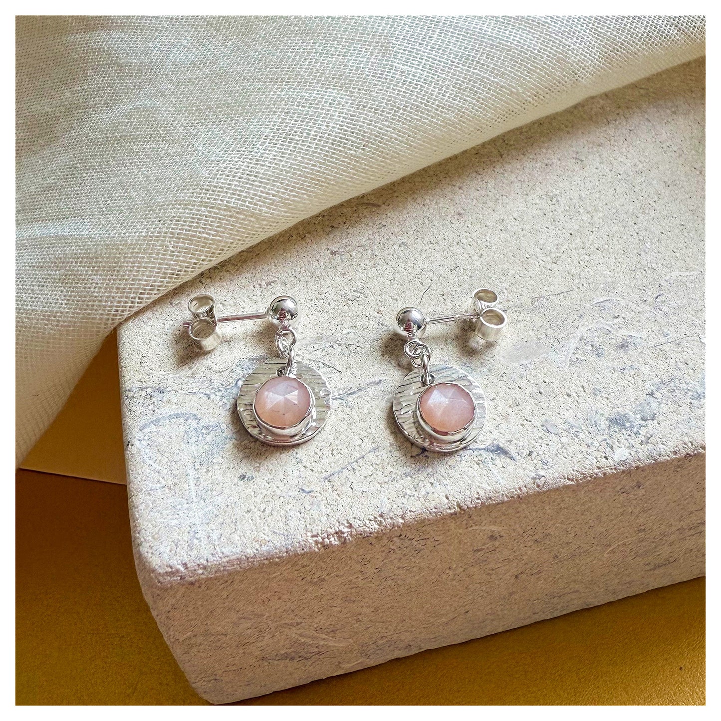 Sterling Silver Textured Peach Moonstone Gemstone Drop Earrings.