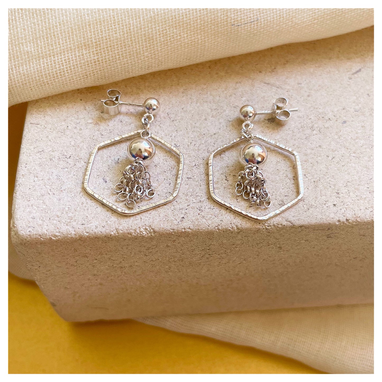 Sterling Silver Hammered Hexagon and Tassel Drop Stud earrings.