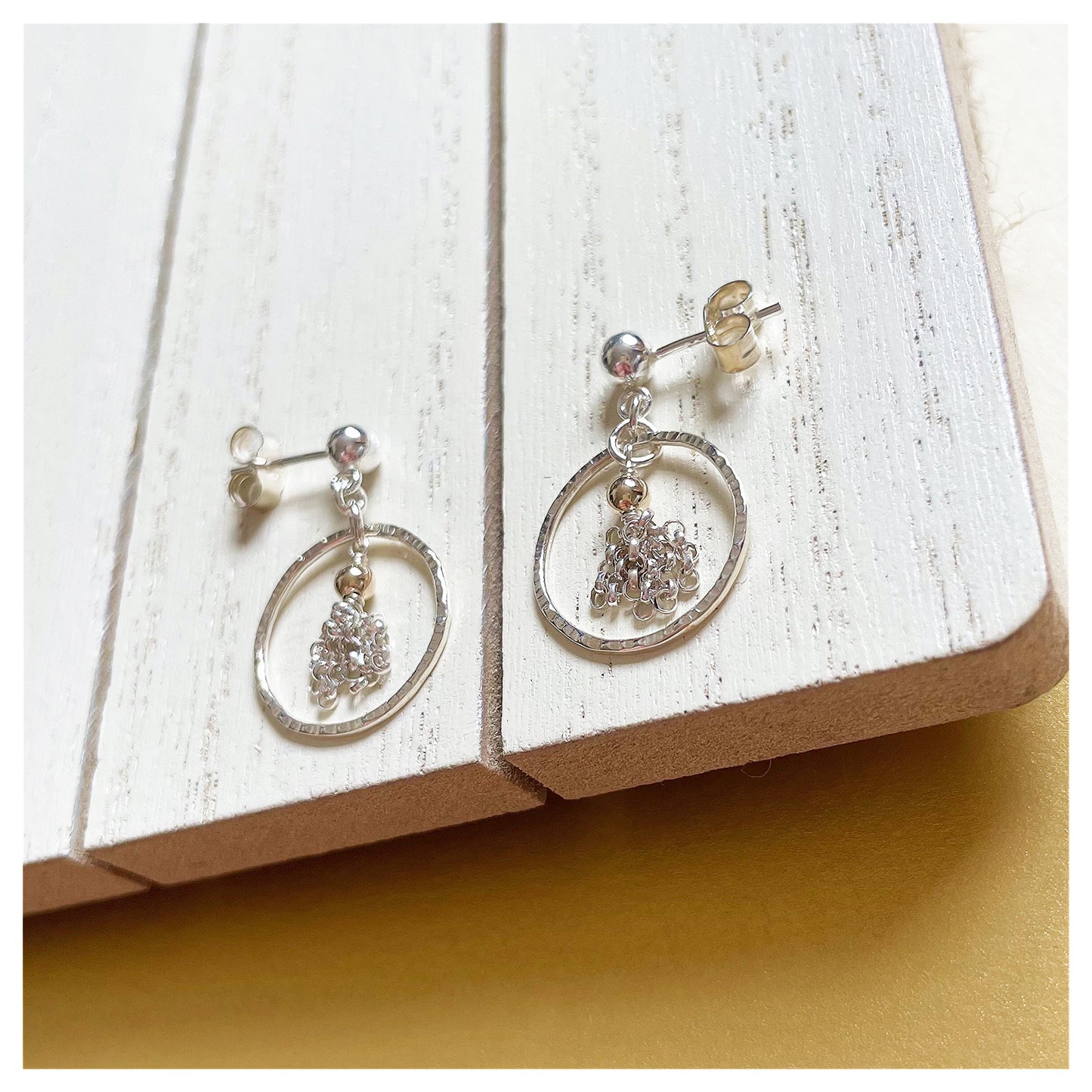 Mini Sterling Silver and 9ct Yellow Gold Hammered Circle and Tassel Drop Stud Earrings.