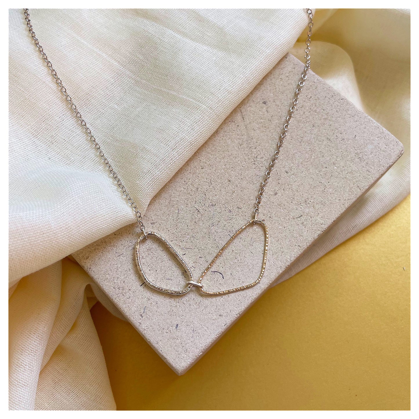 9ct Yellow Gold and Sterling Silver Organic Double Link Necklace.