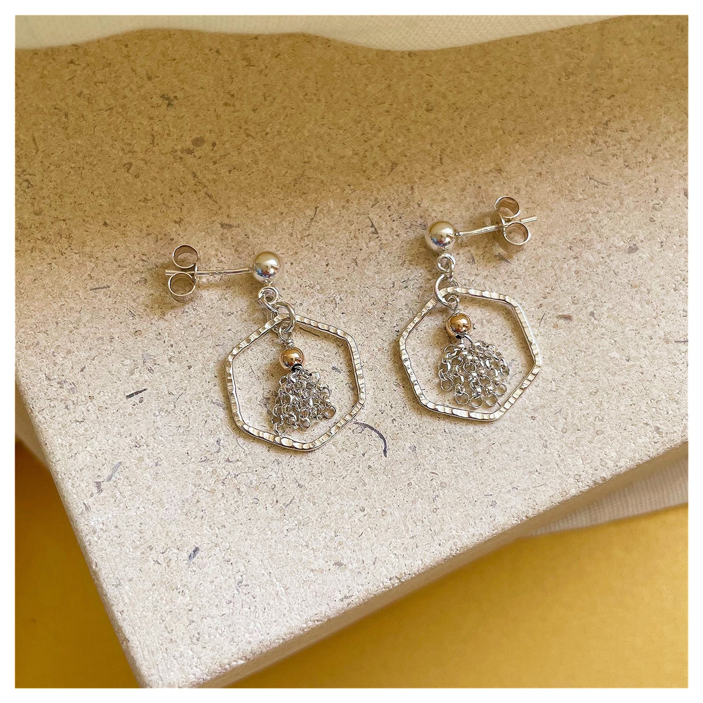 Mini Sterling Silver and 9ct Yellow Gold Hammered Hexagon and Tassel Drop Stud Earrings.
