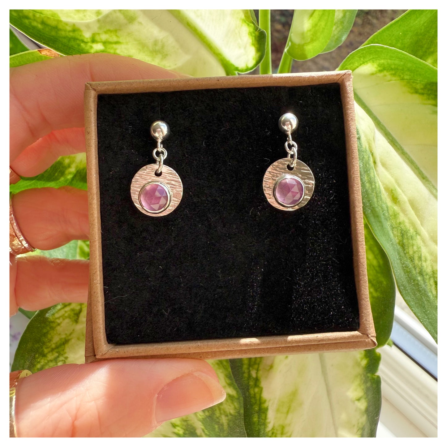Sterling Silver Textured Amethyst Gemstone Drop Earrings.
