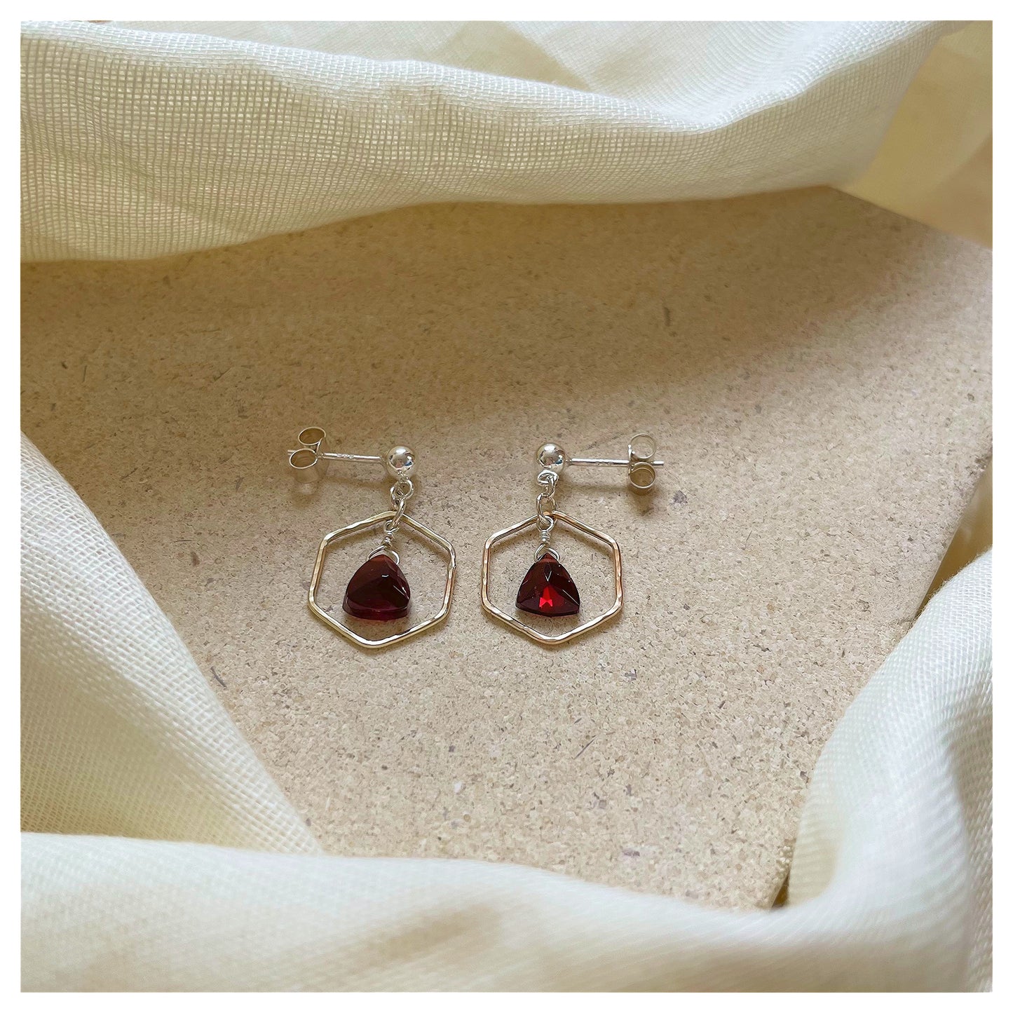 Mini 9ct Yellow Gold Hammered Hexagon, Sterling Silver and Garnet Drop earrings