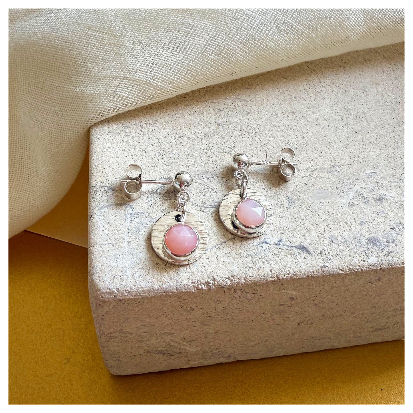 Sterling Silver Textured Pink Opal Gemstone Drop Earrings.
