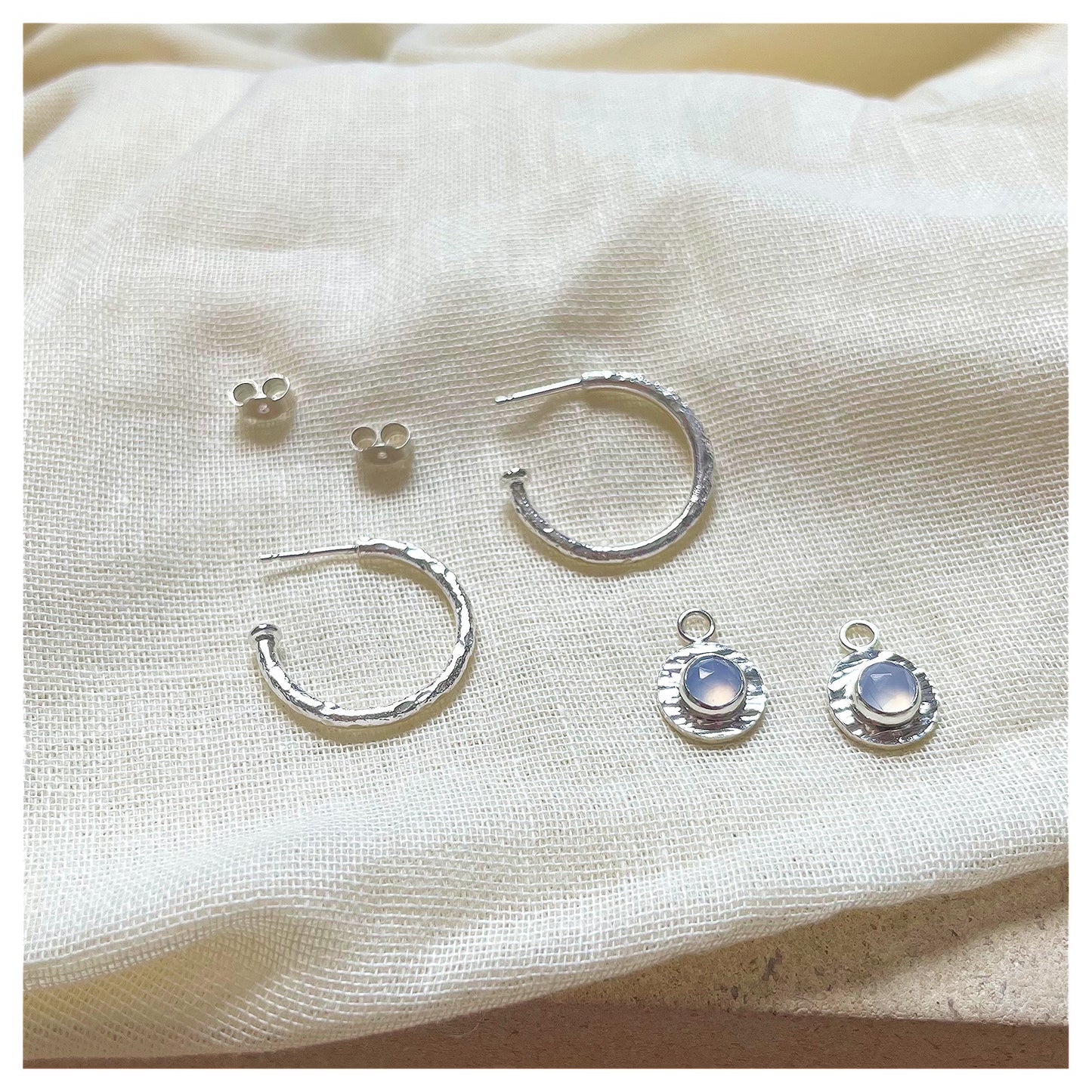 Sterling Silver Chunky Textured Chalcedony Gemstone Drop Hoop Earrings