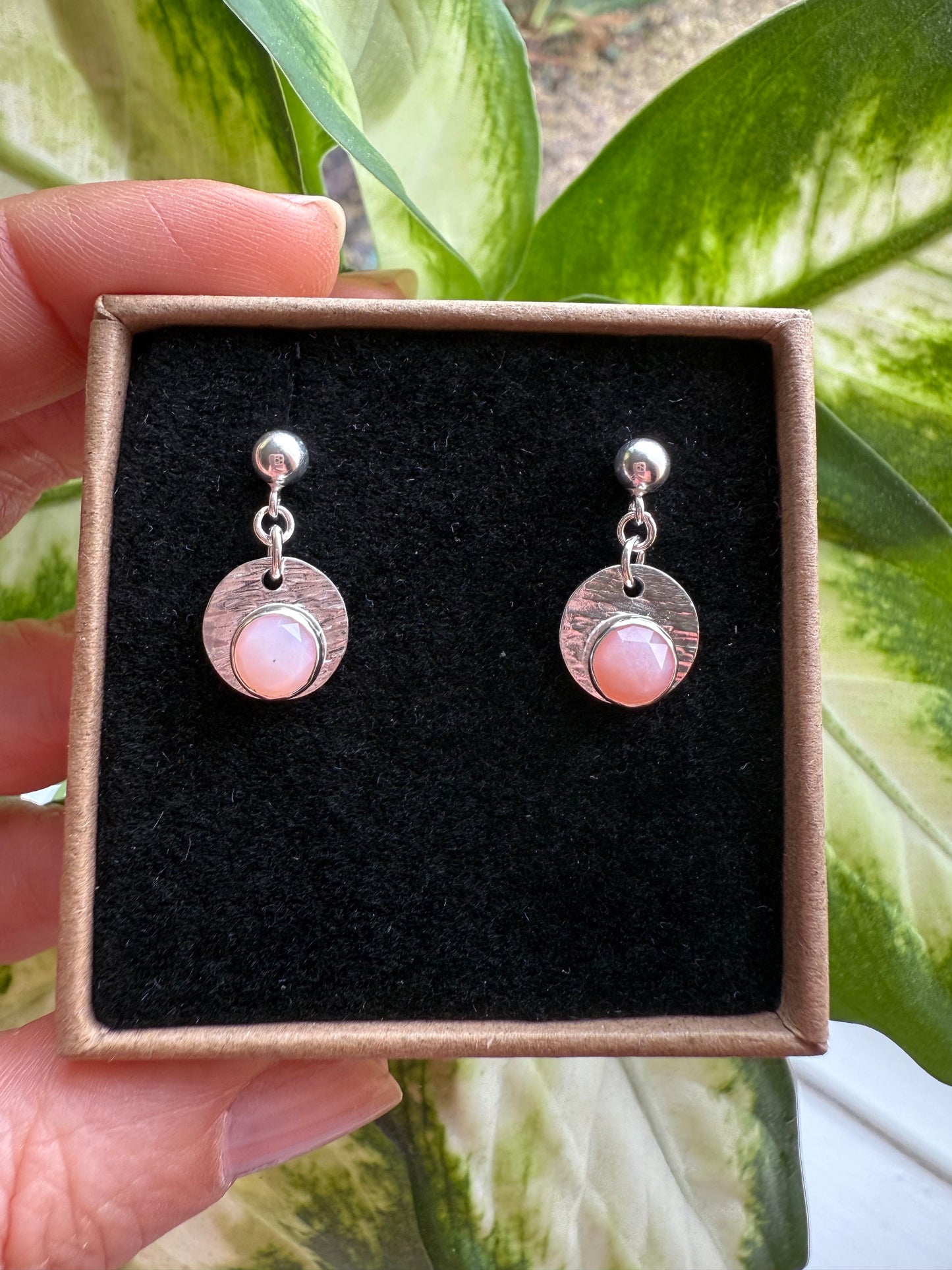 Sterling Silver Textured Pink Opal Gemstone Drop Earrings.