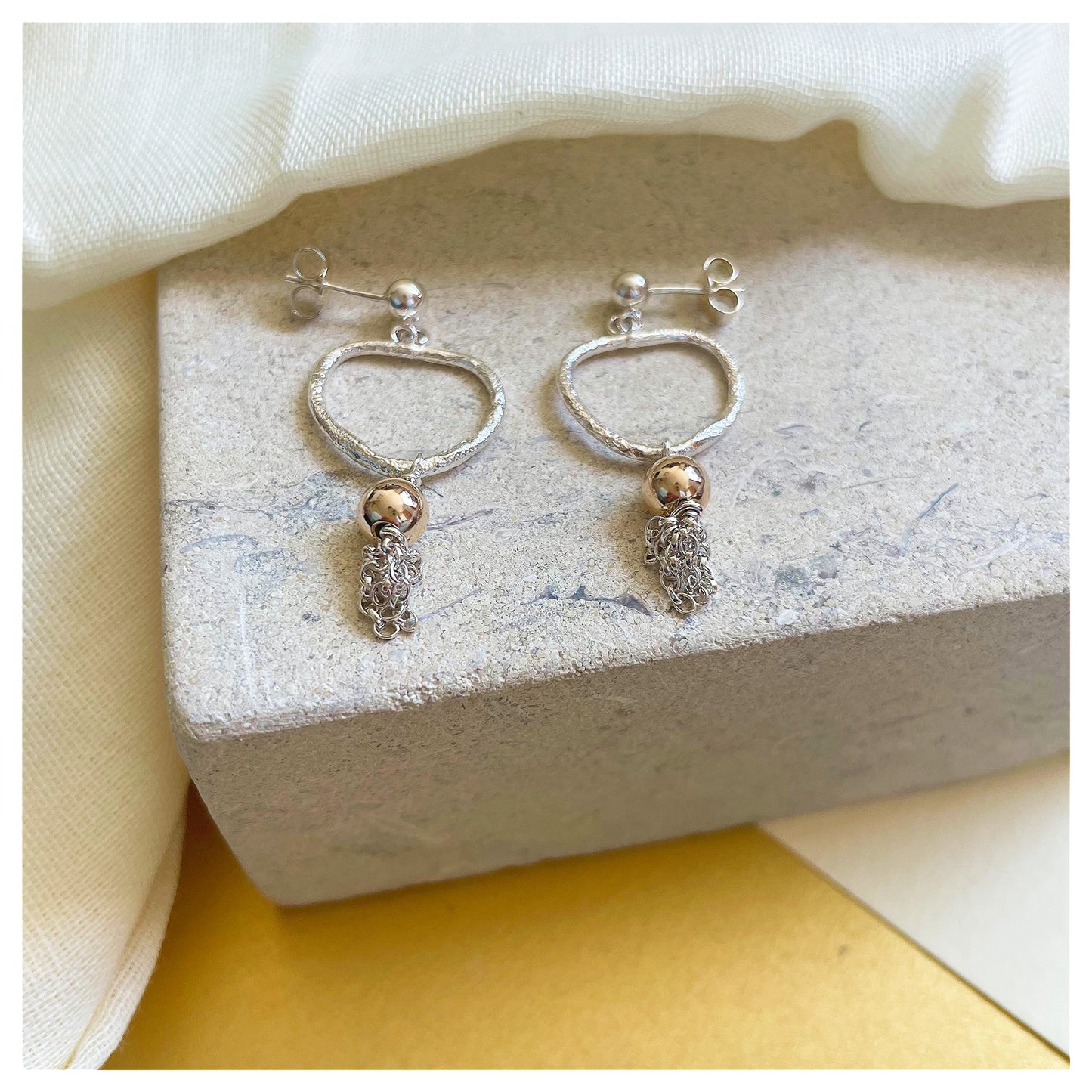 Organic Sterling Silver and 9ct Yellow Gold Tassel Drop Earrings.