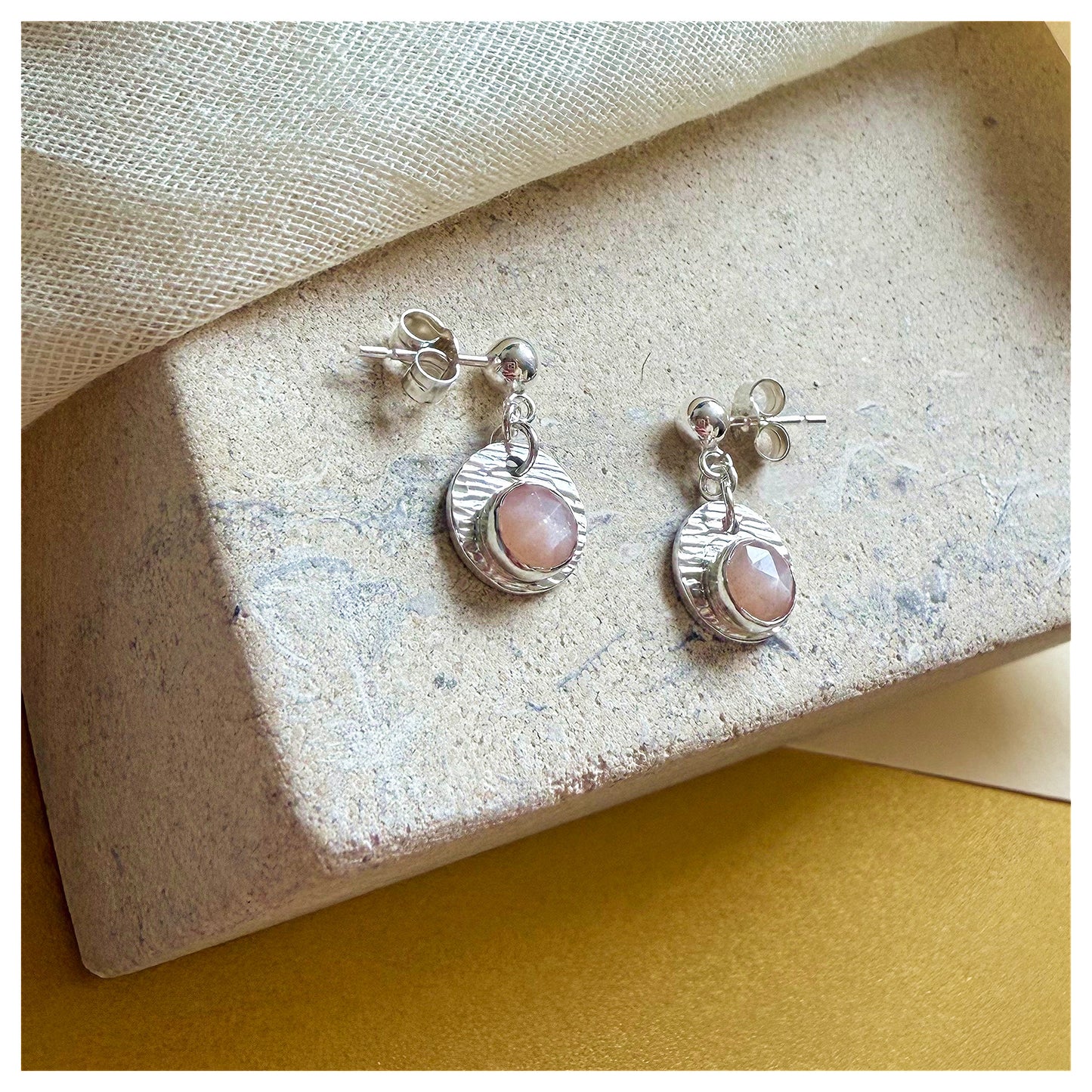 Sterling Silver Textured Peach Moonstone Gemstone Drop Earrings.