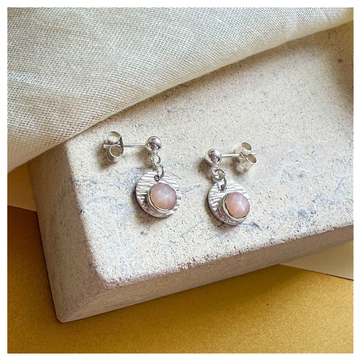Sterling Silver Textured Peach Moonstone Gemstone Drop Earrings.