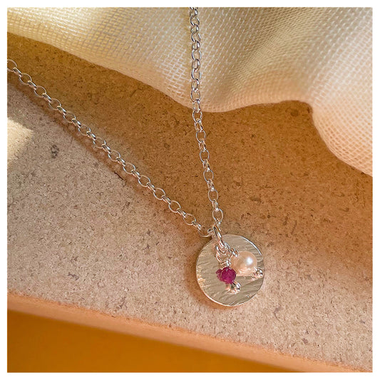Mini Sterling Silver Disc Pendant With Freshwater Pearl and Ruby Bead Necklace