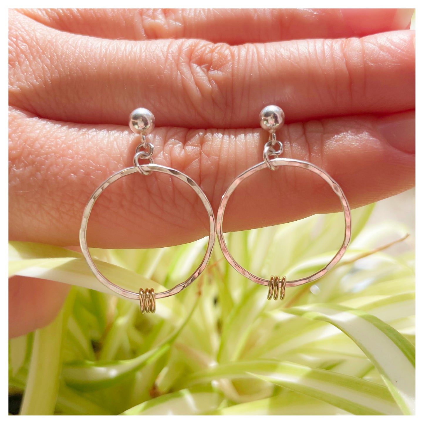 Sterling Silver and 9ct Yellow Gold Detail Hammered Circle Drop Stud Earrings.