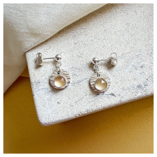 Sterling Silver Textured Citrine Gemstone Drop Earrings.