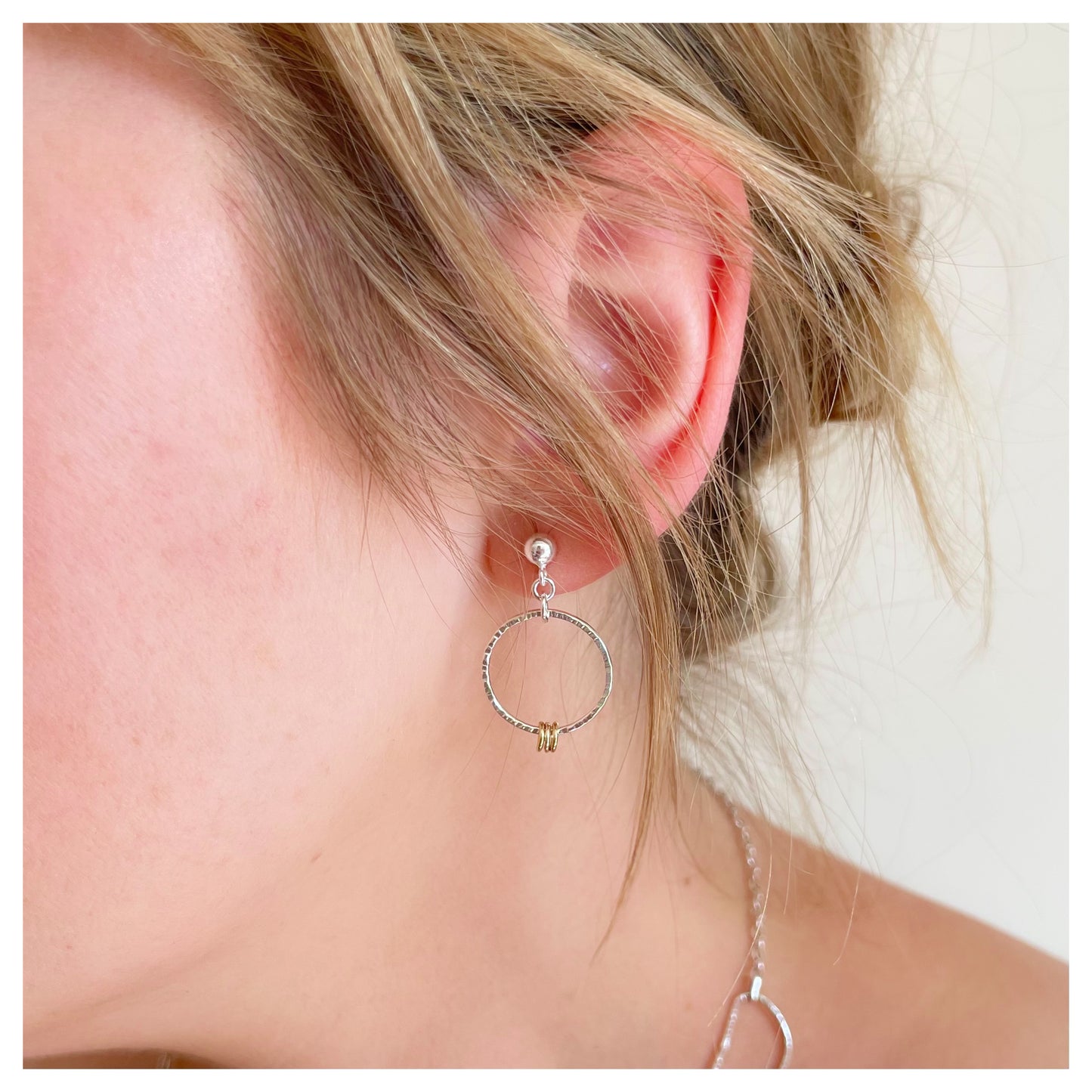 Mini Sterling Silver and 9ct Yellow Gold Detail Hammered Circle Drop Stud Earrings.