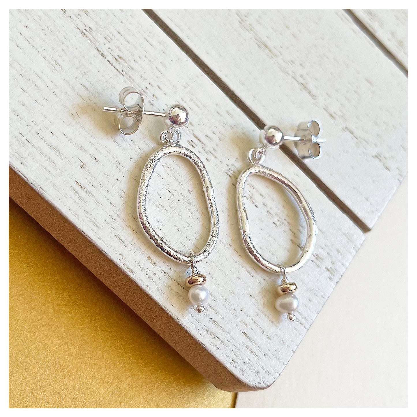 9ct Yellow Gold, Freshwater Pearl and Sterling Silver Organic Pebble Drop Stud Earrings