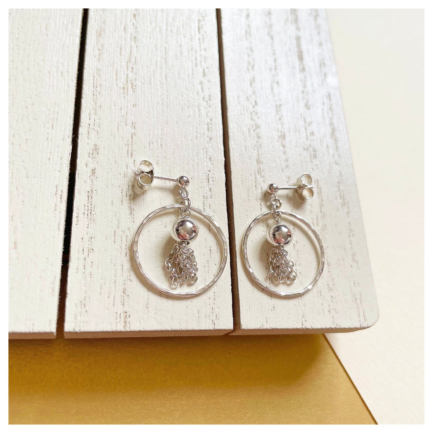 Sterling Silver Hammered Circle and Tassel Drop Stud earrings.
